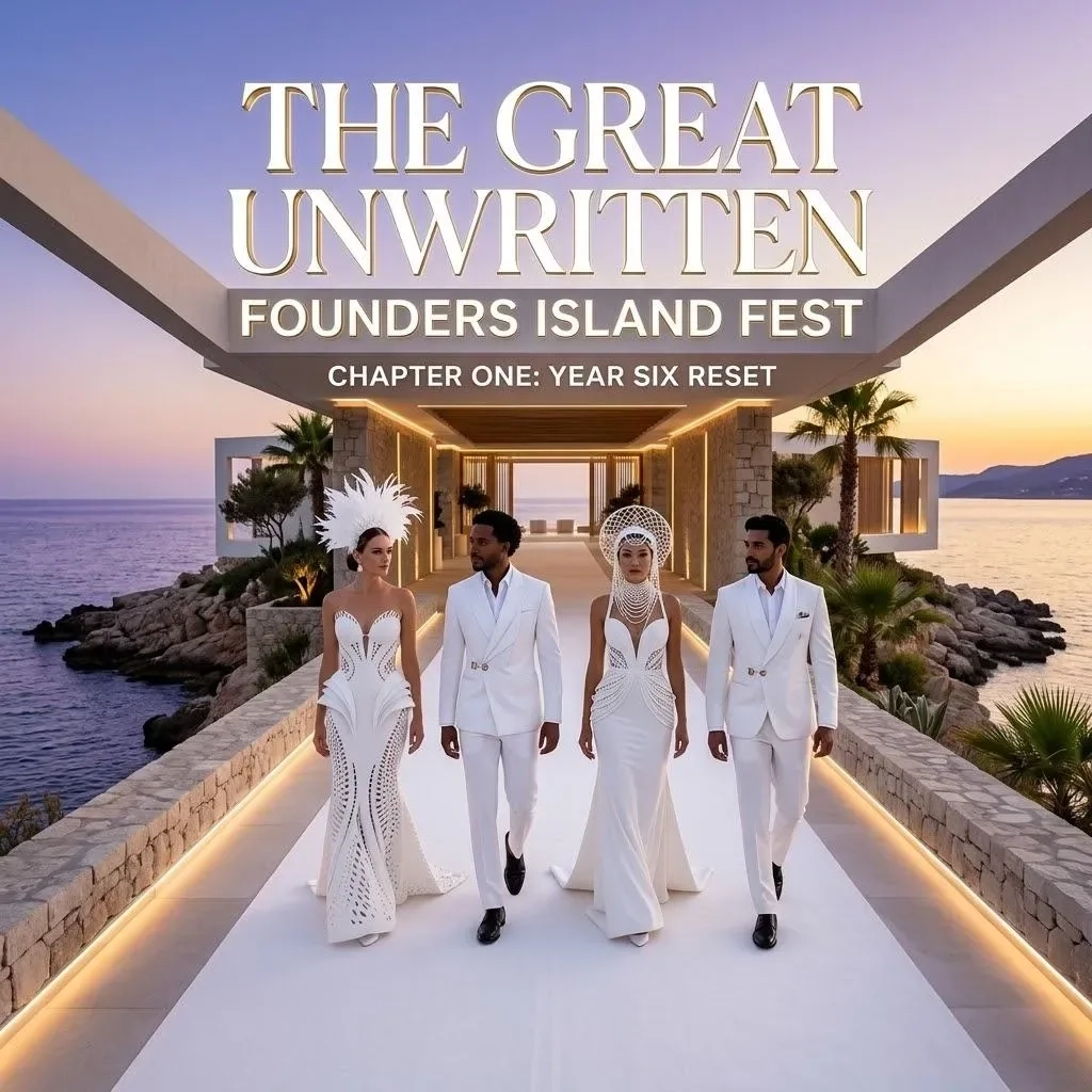 The Great Unwritten poster: founders dressed in white walking down a white carpet towards the ocean